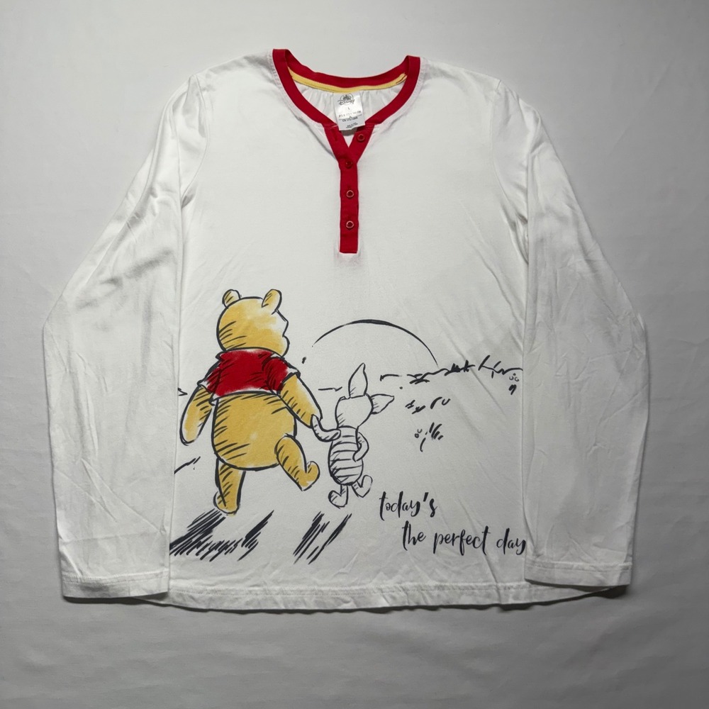 Disney Winnie the Pooh Piglet Pajama Top 3L White Red Henley Long Sleeve